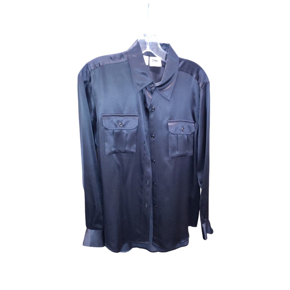 black button-down shirt is a DKNY (Donna Karan New York)